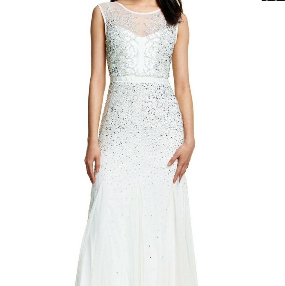 Illusion-Neck Beaded Godet Gown